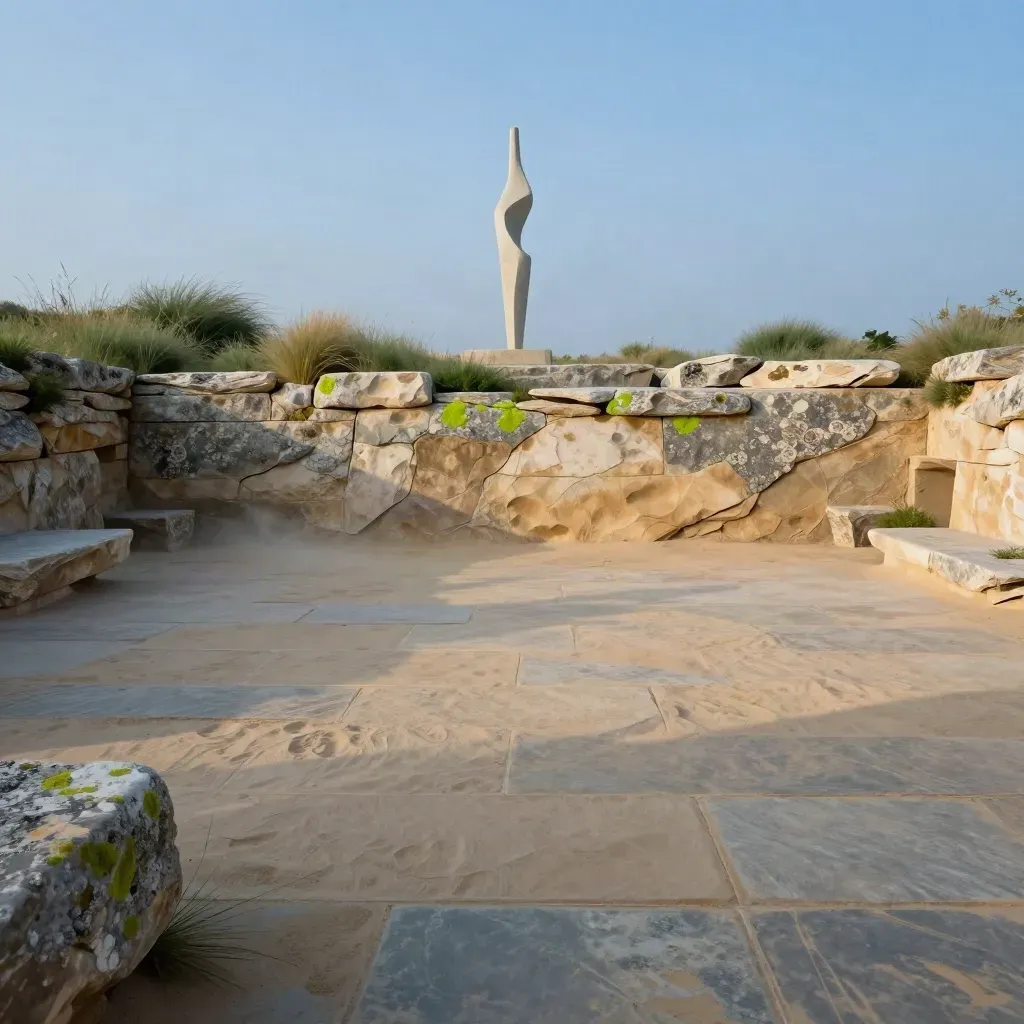 Sandstone courtyard at blue hour with pale sculpture, soft greenery, and misty calm space.