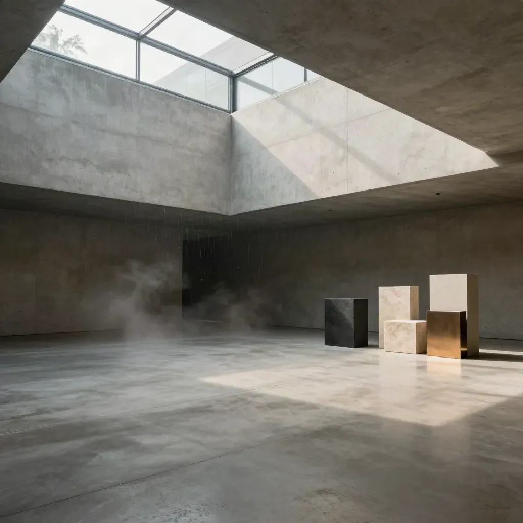 Sunlit concrete atrium with skylight, glass reflections, and calm misty floor space.