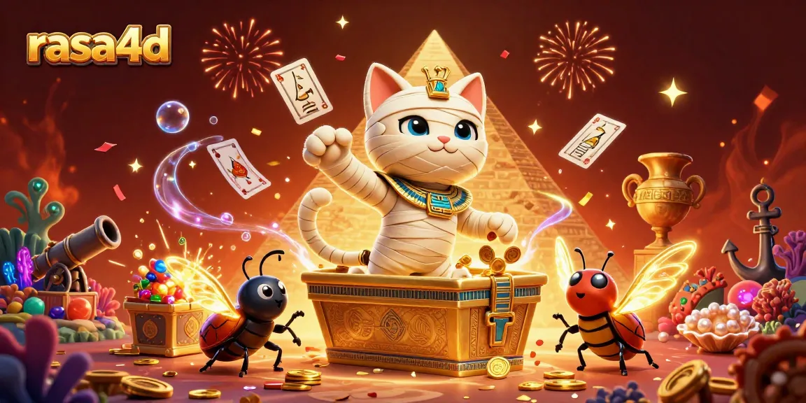 Rasa4d menampilkan karakter kucing mummy Mesir 3D dalam kasino piramida, dikelilingi harta karun dan efek magis.