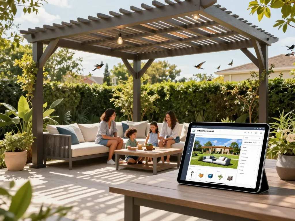 Une famille profitant d'une journée ensoleillée sous une configurateur pergola 3D sur mesure, se relaxant dans un espace de vie extérieur accueillant.