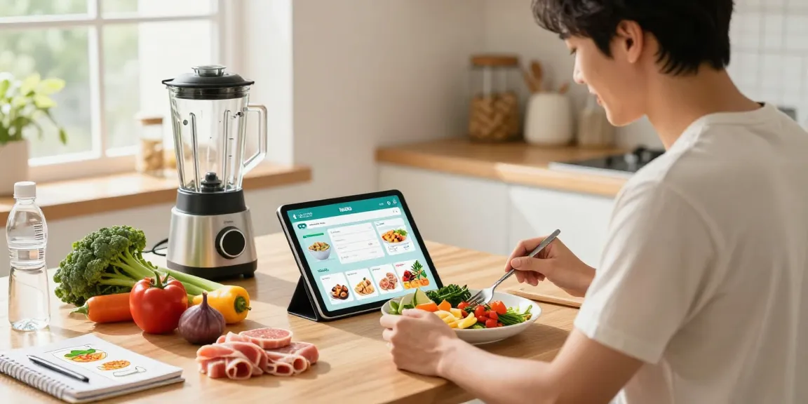 Using the best food tracking app, a person prepares a healthy meal in a bright kitchen filled with fresh ingredients.