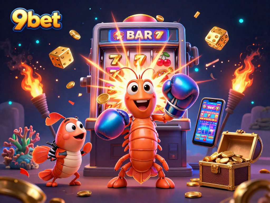 Win big with 9bet at a vibrant online casino scene featuring animated characters and sparkling jackpots.