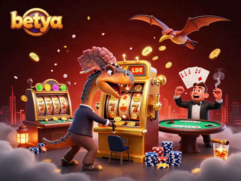 Betya casino scene with cartoon dinosaurs winning at slots and catching coins.