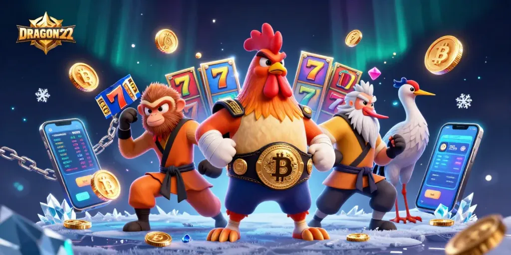 Spin to win with DRAGON222 in this vibrant 3D illustration showcasing exciting jackpot elements and crypto coins.