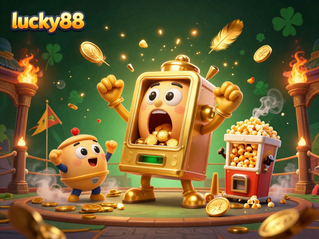 Experience the excitement of lucky88 as the golden slot machine hits the jackpot amidst cheering characters and casino elements.