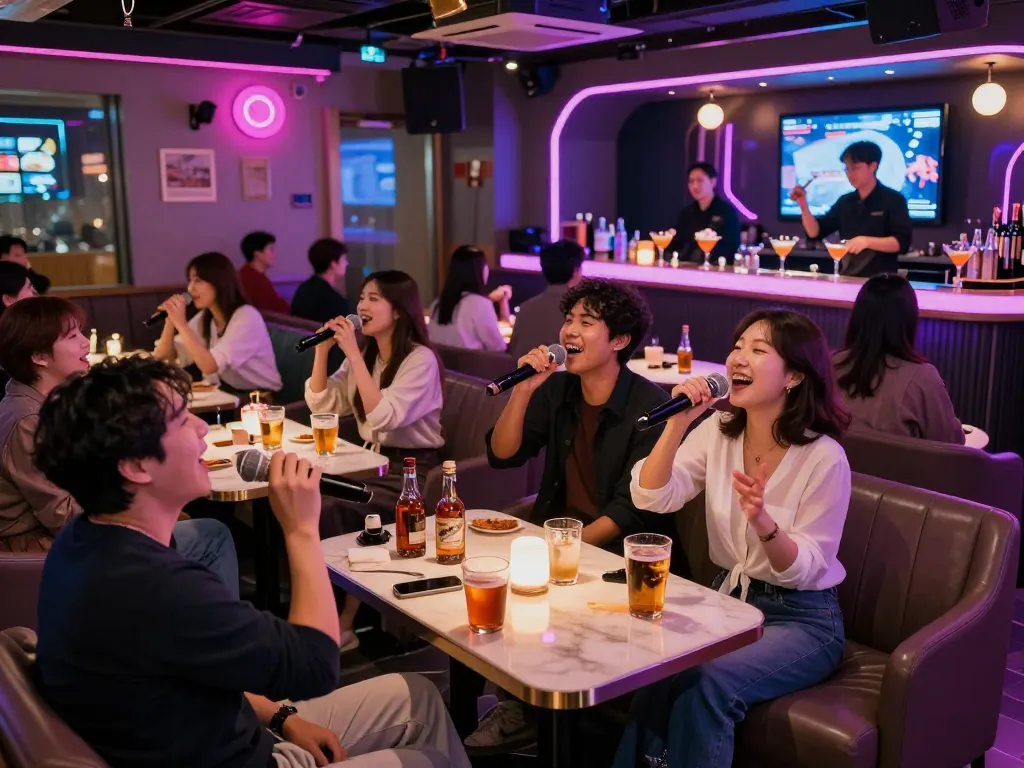 Jeju nightlife with lively karaoke atmosphere, showcasing 제주유흥 experiences in vibrant lounge setting.