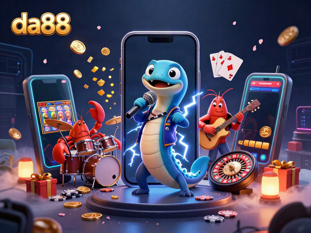 Engage with da88's thrilling underwater casino scene featuring an electric eel DJ amidst vibrant gaming elements.