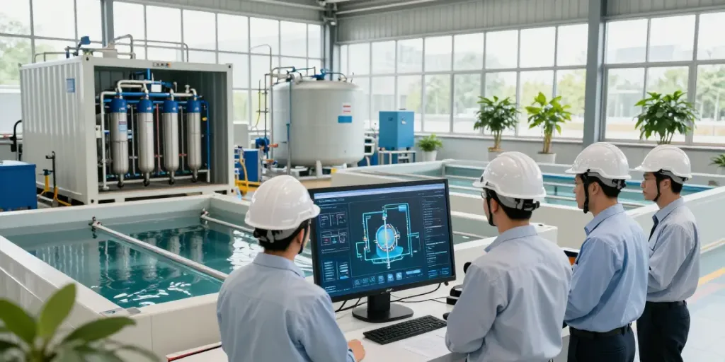 Containerized water treatment system manufacturer engineers collaborating on advanced technology and processes