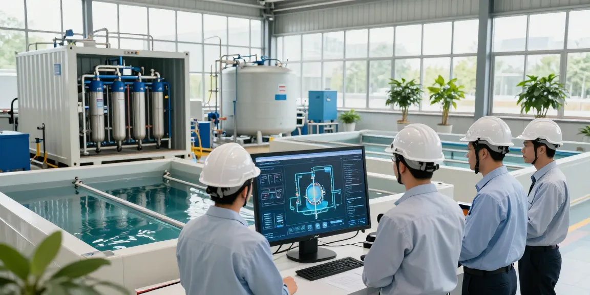 Containerized water treatment system manufacturer engineers collaborating on advanced technology and processes