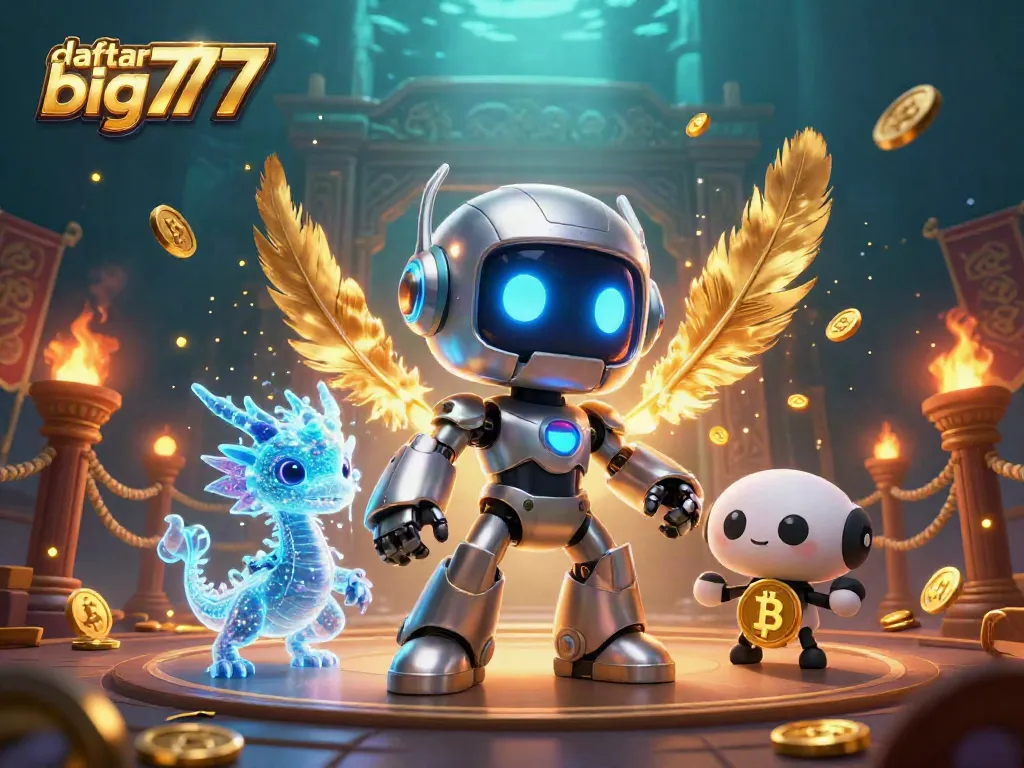 Engage with the vibrant world of daftar big777 in a dynamic 3D casino illustration showing a futuristic robot and companions.