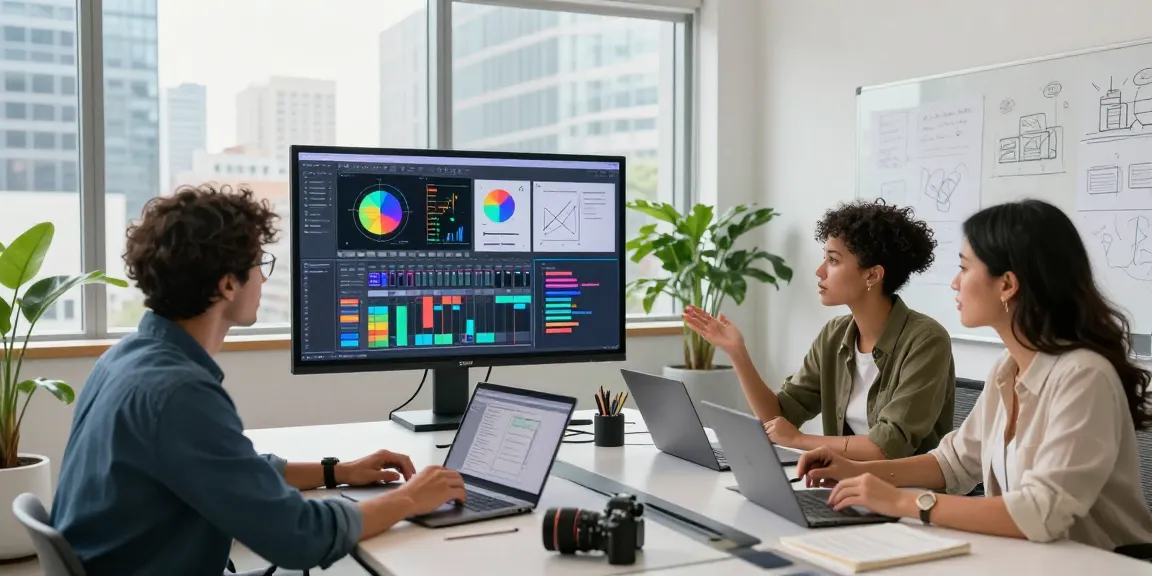 Creative team collaborating on a digital mixboard in a modern office setting.