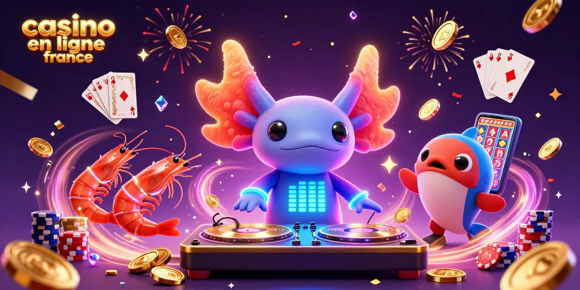 Jouez sur des casinos en ligne France, un DJ axolotl et ses amis animent une scène festive remplie de pièces d'or.