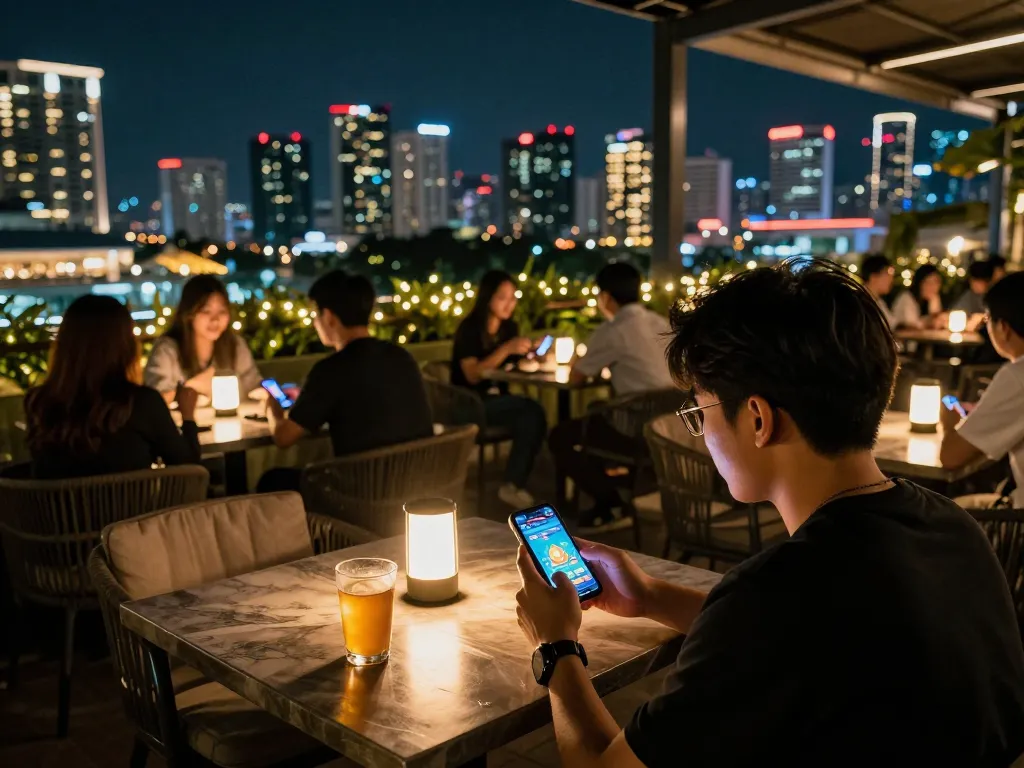 Engaging in game bài đổi thưởng on smartphone with dynamic atmosphere of night city terrace