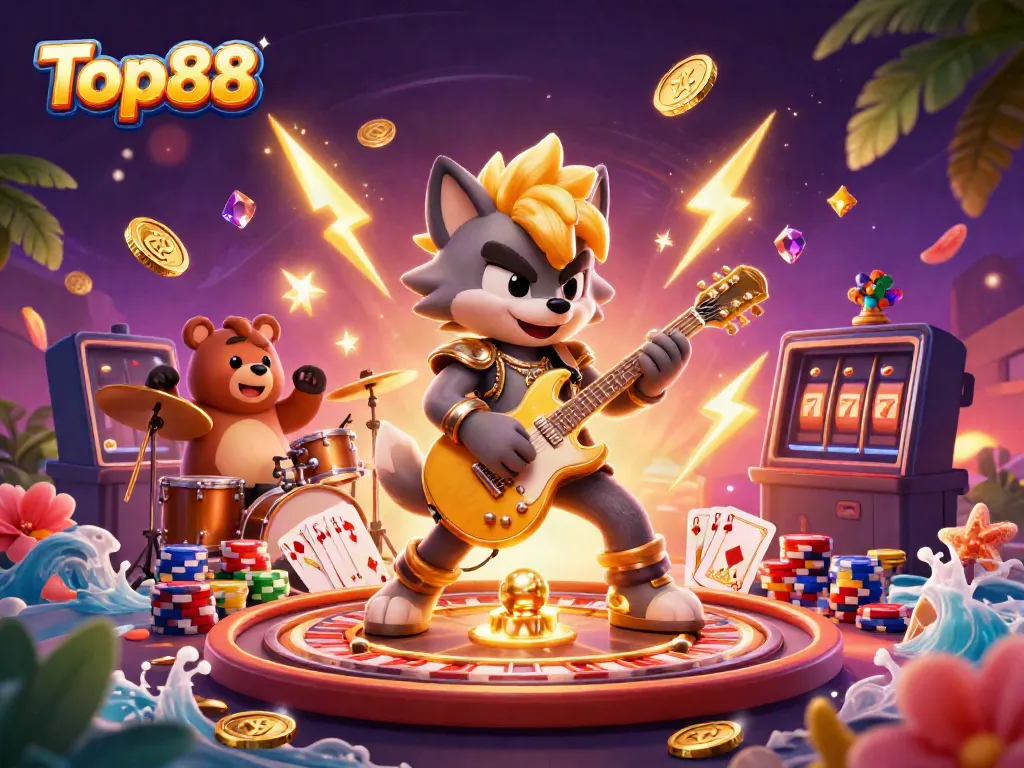Experience exciting gameplay with Top88's vibrant casino scene featuring a rock star wolf and drummer bear.