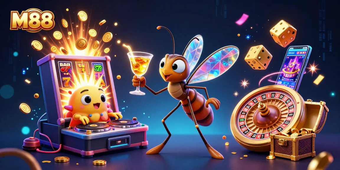 M88's animated casino scene showcases vibrant games and energy with a unique mosquito mascot.