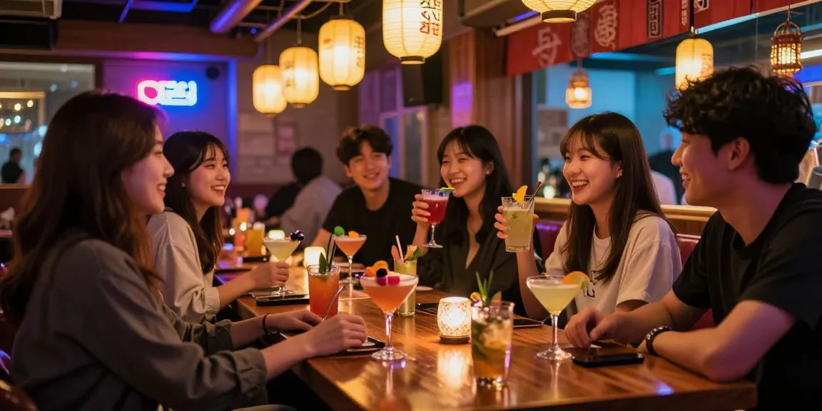 Sangbong-dong 한국관나이트 vibrant nightlife scene with friends enjoying drinks at a cozy lounge bar.
