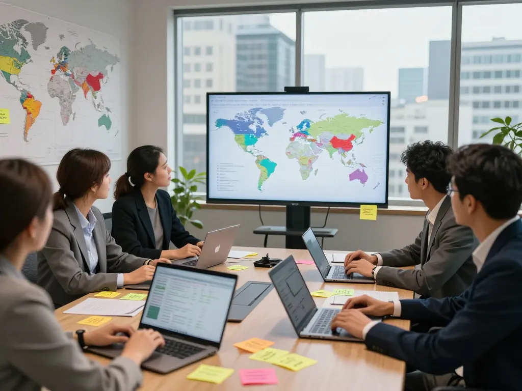 International Crisis Watch meeting with diverse team analyzing global conflict data in a modern office.