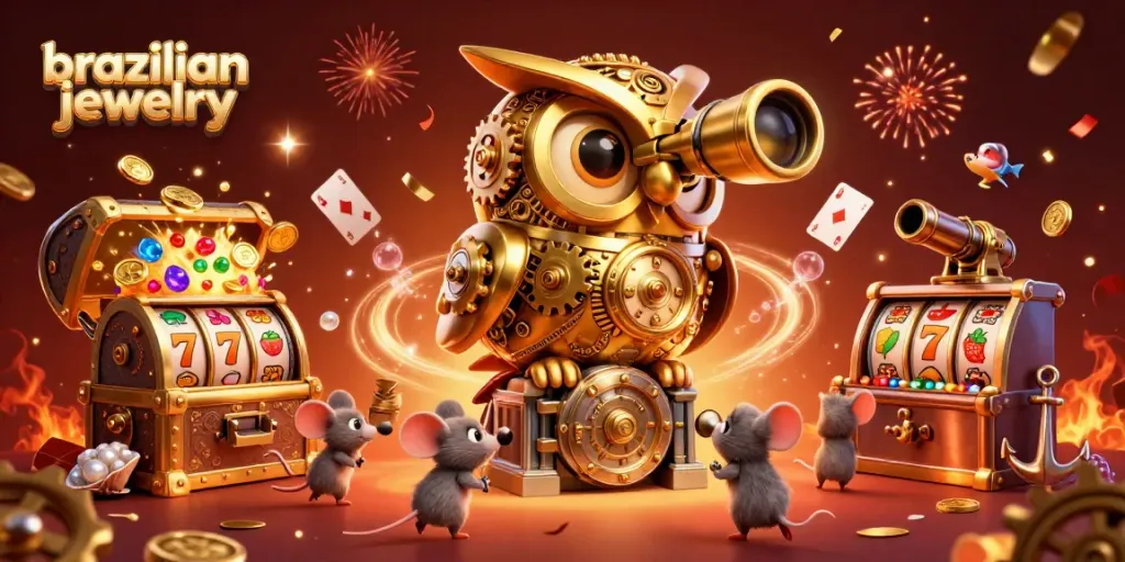 Engage with brazilian jewelry in an animated casino scene filled with golden treasures and excitement.