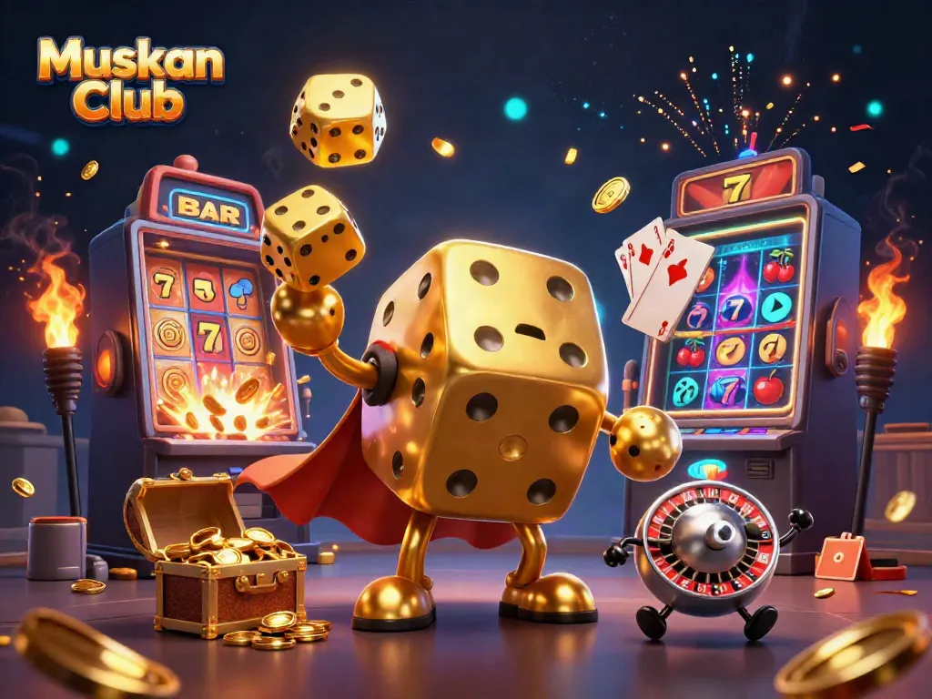 Engage with Muskan Club through this vibrant 3D illustration of a golden dice golem in a casino atmosphere.