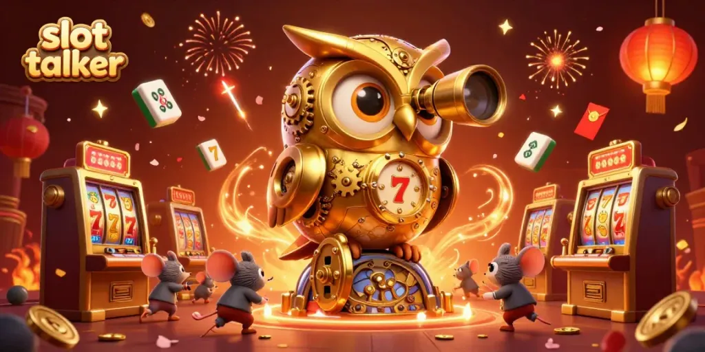 Experience the excitement of slot machines with the slot talker, featuring a golden owl and whimsical mice on a vibrant casino floor.