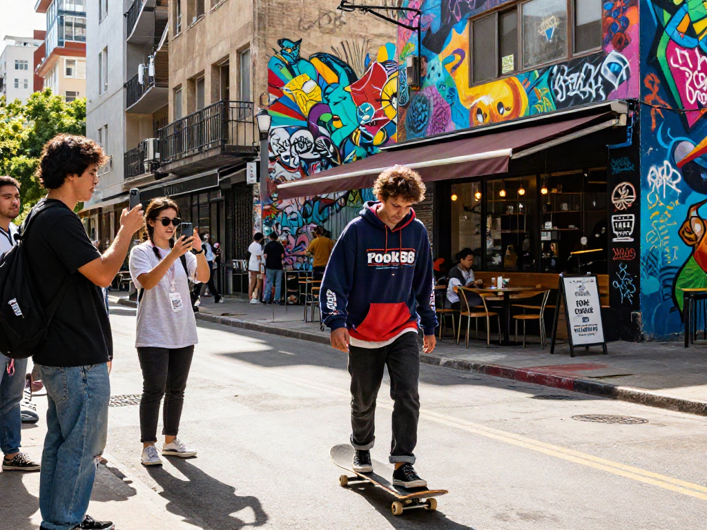 Youth thriving in urban lifestyle wearing trendy rokok88 hoodie, skateboarding amidst vibrant street art.