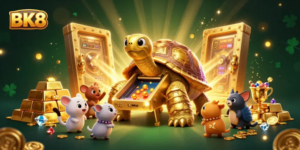 Experience thrilling play at BK8 with a golden tortoise pinball machine surrounded by treasure and excitement.