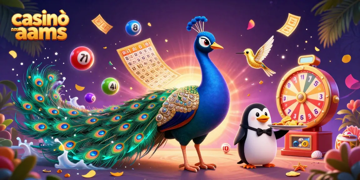 Casinò non AAMS: illustrazione di un pavone aristocratico, un pinguino cameriere e un colibrì, con elementi di gioco vivaci nella scena