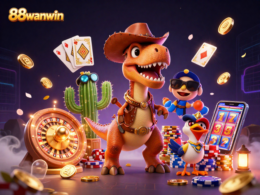 Experience thrilling gambling with 88wanwin featuring a cowboy dinosaur, surrounded by casino elements like roulette and slots.