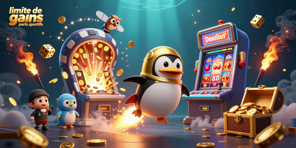 Visualisation des limites de gains paris sportifs avec un pingouin doré et des éléments de casino en action