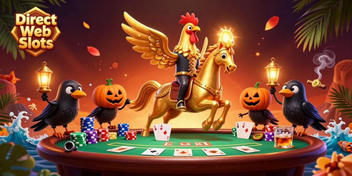 Engage with Direct Web Slots as a golden rooster leads a casino adventure amidst dazzling elements.
