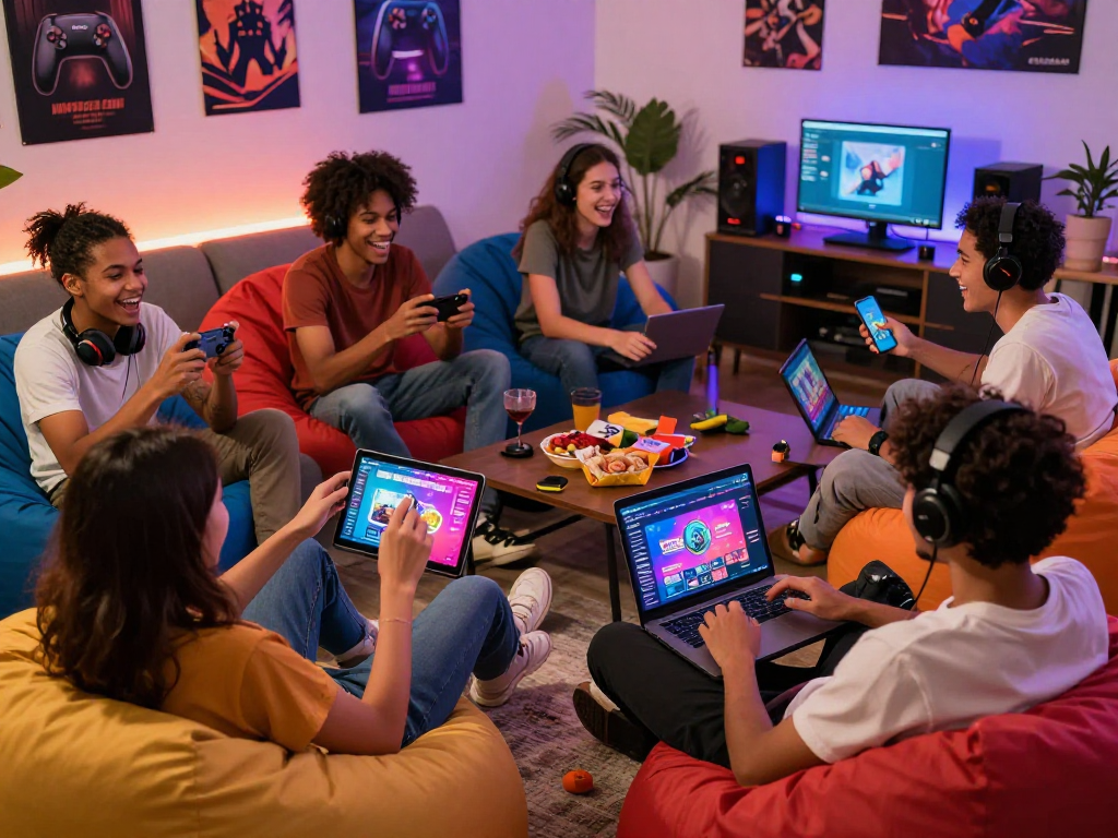 Friends enjoying free porn games in a vibrant gaming setup.