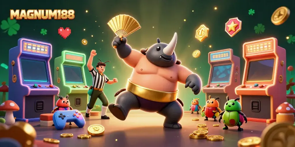 Experience MAGNUM188 with a dynamic scene of colorful arcade elements and whimsical characters in a vibrant casino setting.