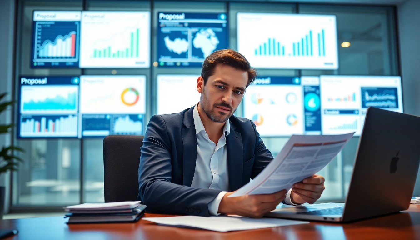 Engaging in Bid-No-Bid Analysis., a consultant reviews critical proposal data in a professional office.