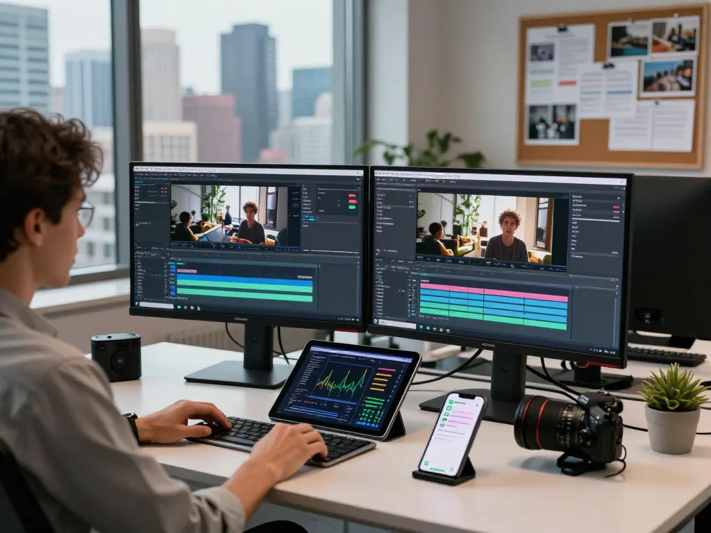 Modern workspace showcasing video to prompt AI technology, with detailed prompts on screens and a vibrant city view.