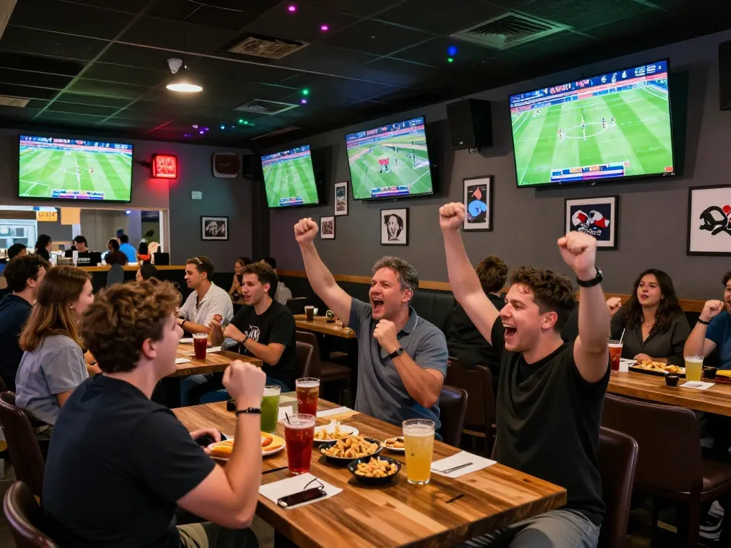 Fans enjoying live football matches at https://cakhiatv.design/ sports bar, emphasizing excitement and camaraderie