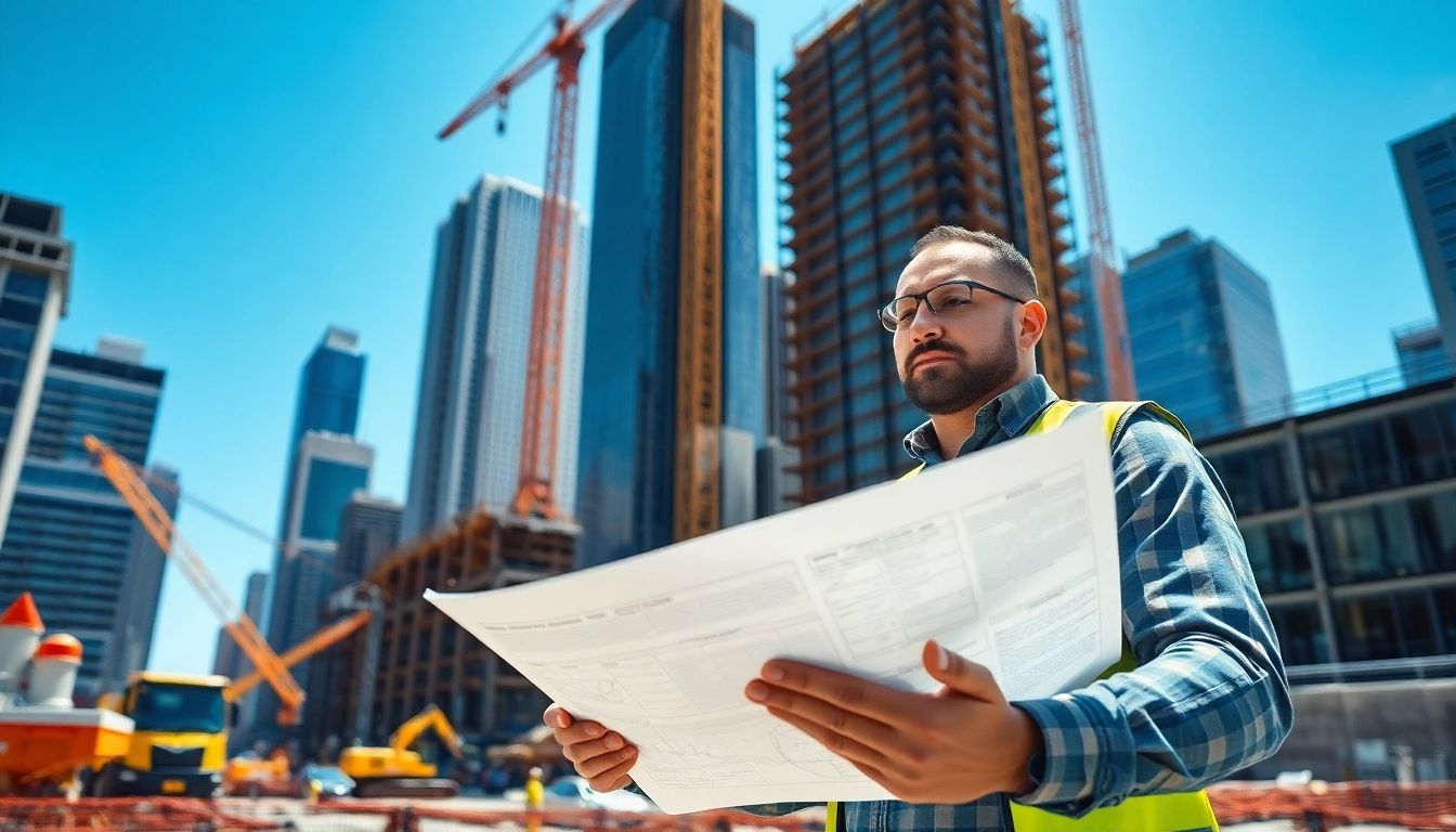 Manhattan Construction Manager examining blueprints at a busy construction site.