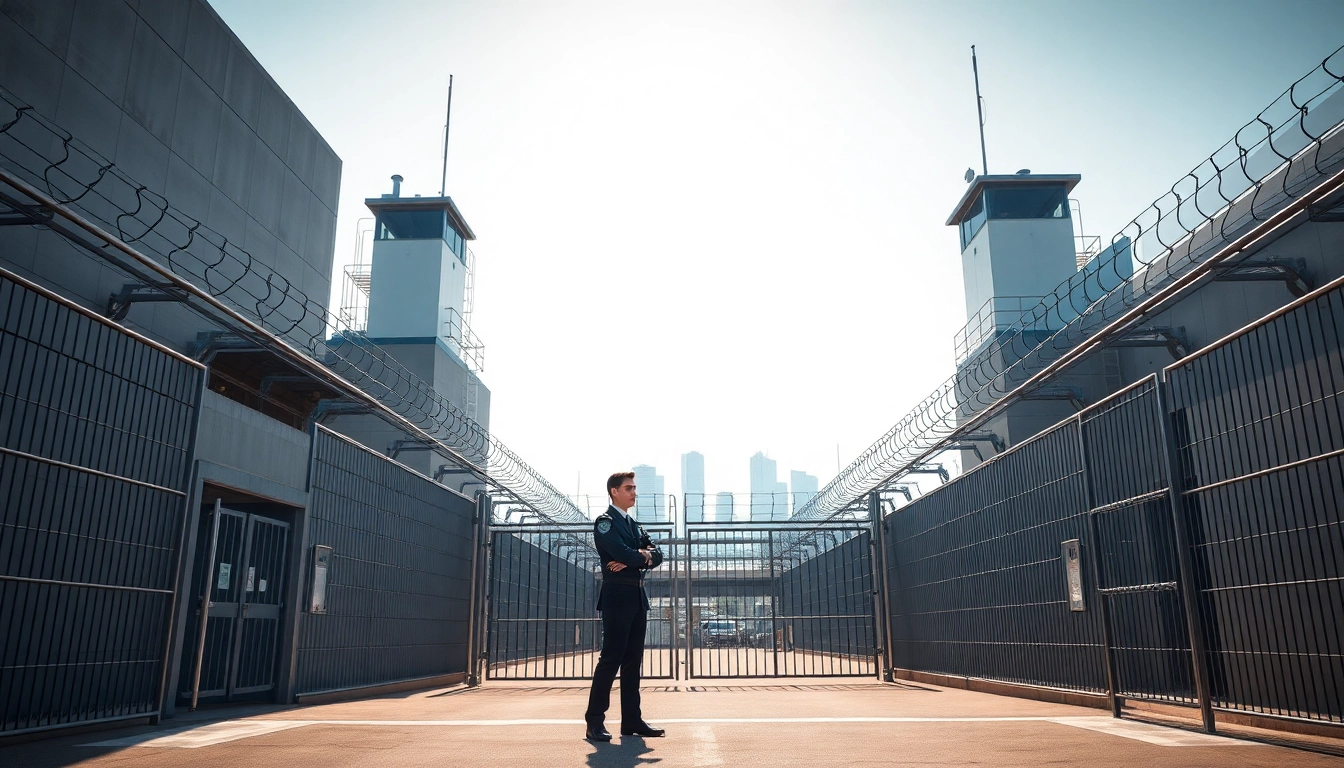 View of OC Jail showcasing high-security features and a vigilant guard in an urban environment.