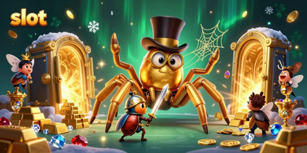 Slot yang menarik dalam ilustrasi 3D menunjukkan tarantula emas dan karakter unik di kasino.