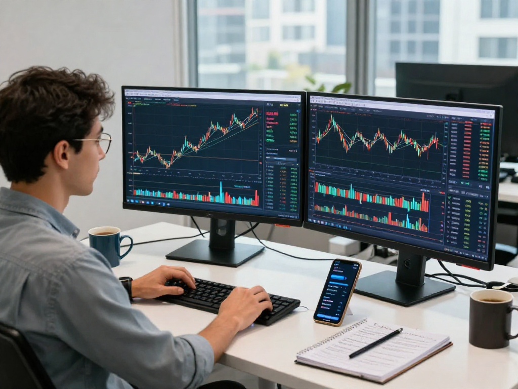分析TradingView官网的交易者在现代多显示器工作站实时监控市场动态。