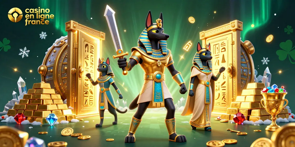 Découvrez le casino en ligne France avec Anubis et Bastet entourés de trésors lumineux et de joyaux scintillants.