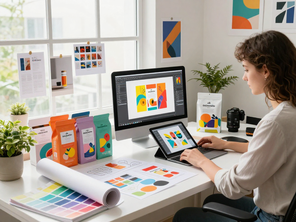 Desain studio kemasan dinamis dengan desainer fokus pada produk delapantoto dan sketsa warna yang menginspirasi.