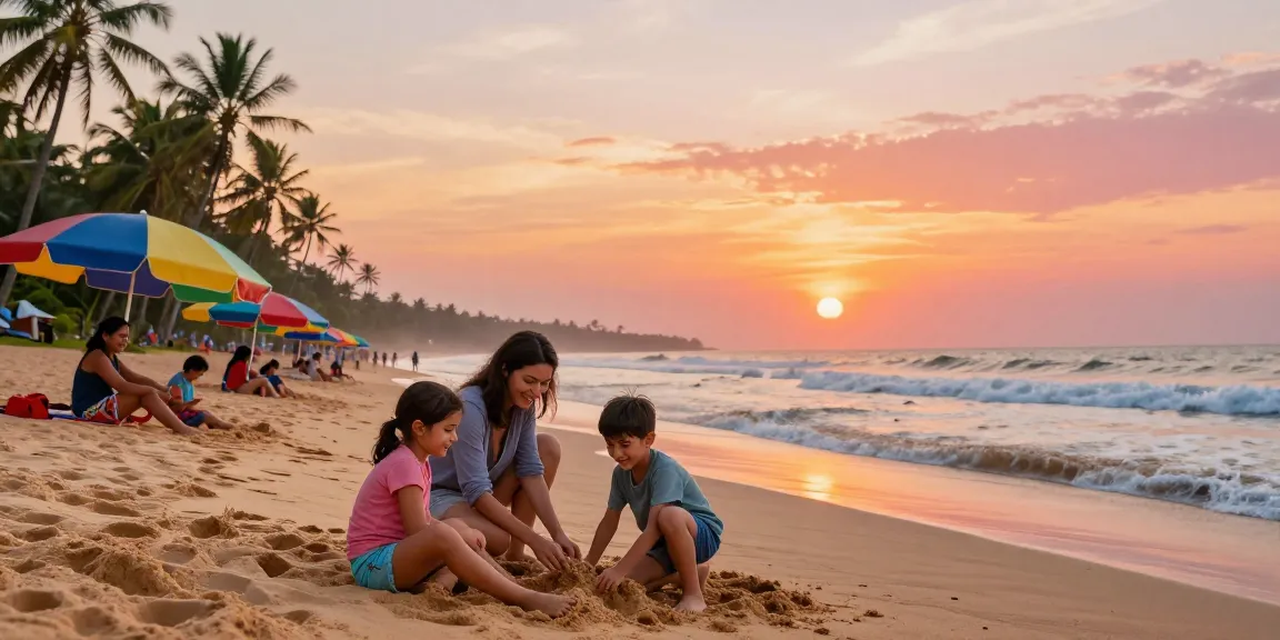 Family enjoying a delhi to sri lanka tour package on a beautiful beach at sunset, capturing joyful adventure.