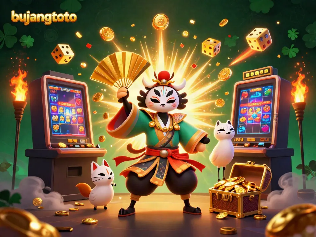 Experience gaming thrills at bujangtoto with vibrant characters and an exciting jackpot scene.