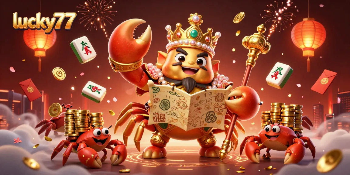 Experience the thrilling lucky77 casino with a vibrant illustration featuring a golden crab emperor and treasure elements.