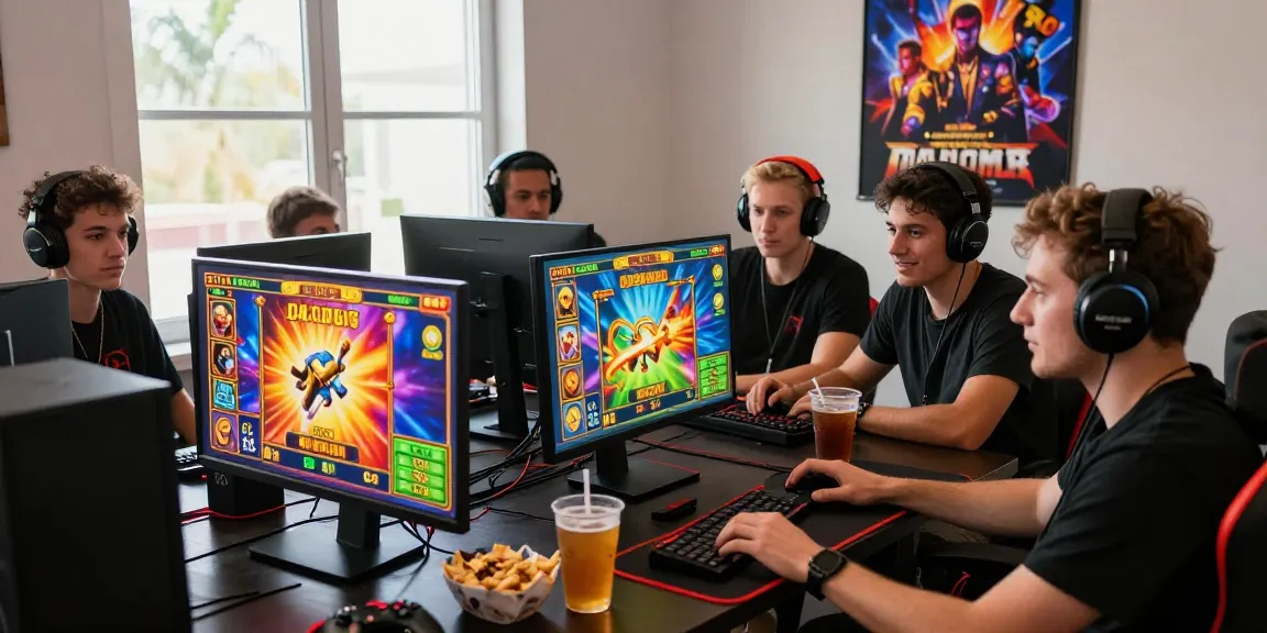 Exciting online gaming with friends focusing on slot deposit 5k game, colorful animations, lively atmosphere, and glowing screens.