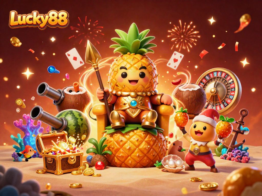 Engage with thrilling gaming at Lucky88 featuring a vibrant casino scene with a golden pineapple king.