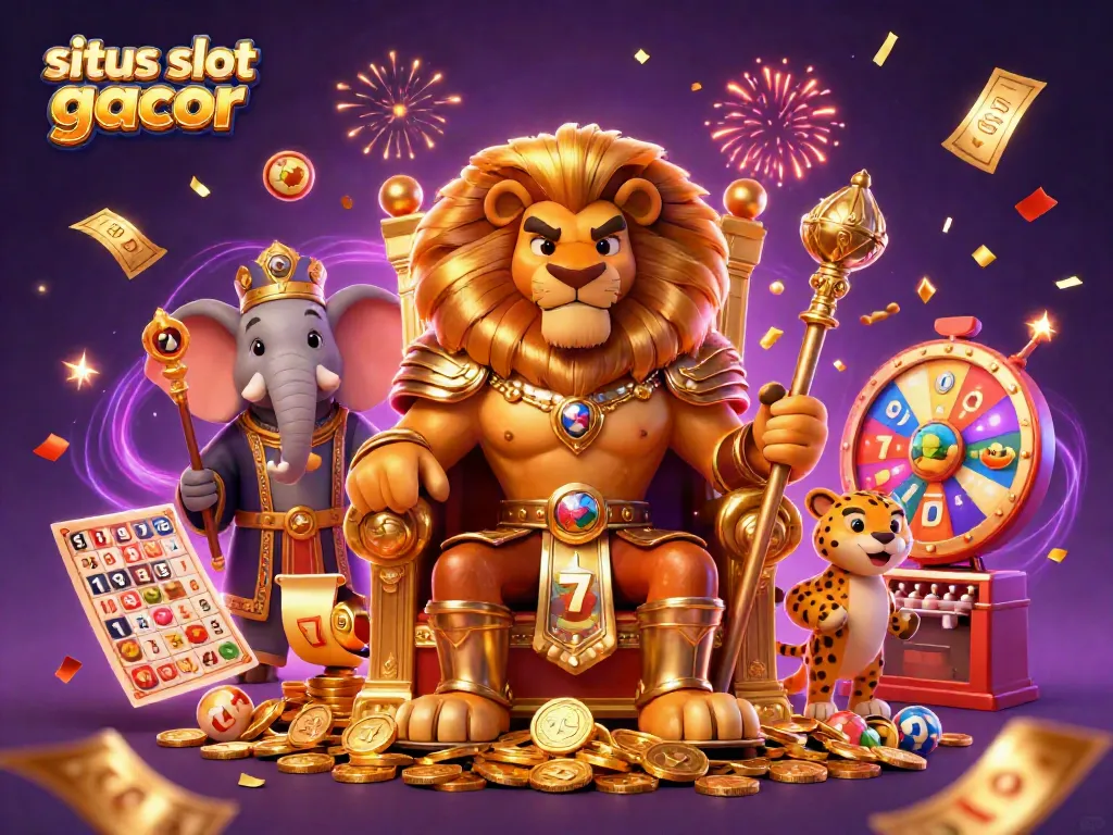 Experience the excitement of situs slot gacor with this vibrant 3D casino scene featuring a lion king, elephant advisor, and cheetah messenger.