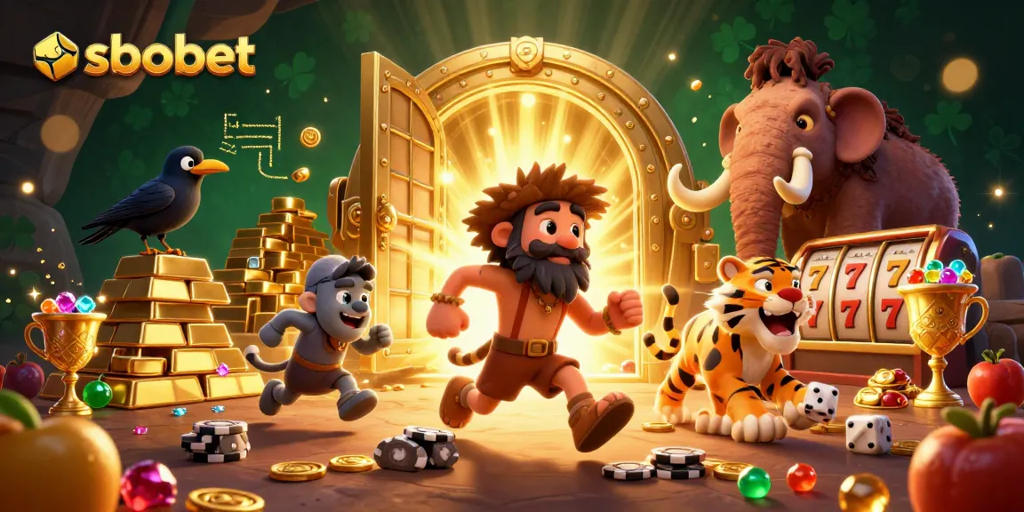 Sbobet enhances the excitement of a prehistoric casino scene filled with treasures and vibrant slot elements.