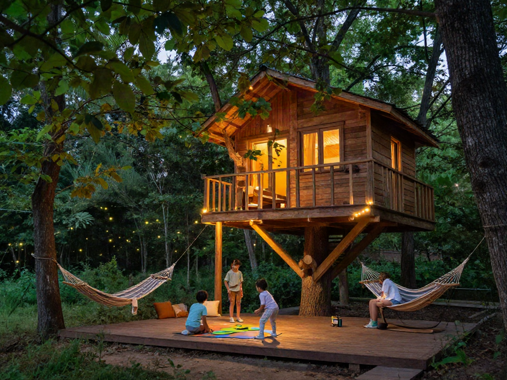Family enjoying quality time at a treehouse, embodying the joys of tree house life.