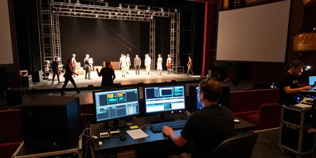Behind-the-scenes look at technical theatre work with apps for theatre, lighting, and sound coordination.